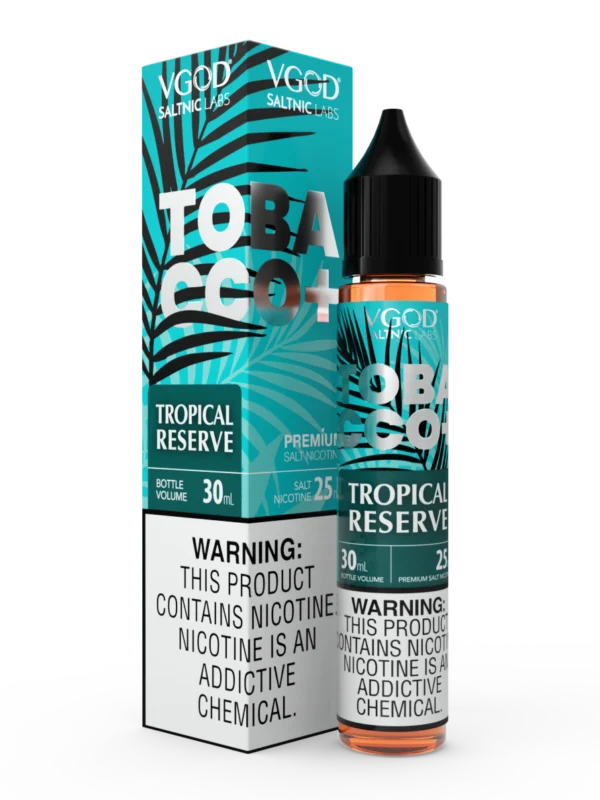 VGOD Tobacco Plus Tropical Reserve SaltNic 30ml bottle, available in 20mg, 25mg, and 50mg nicotine strengths.