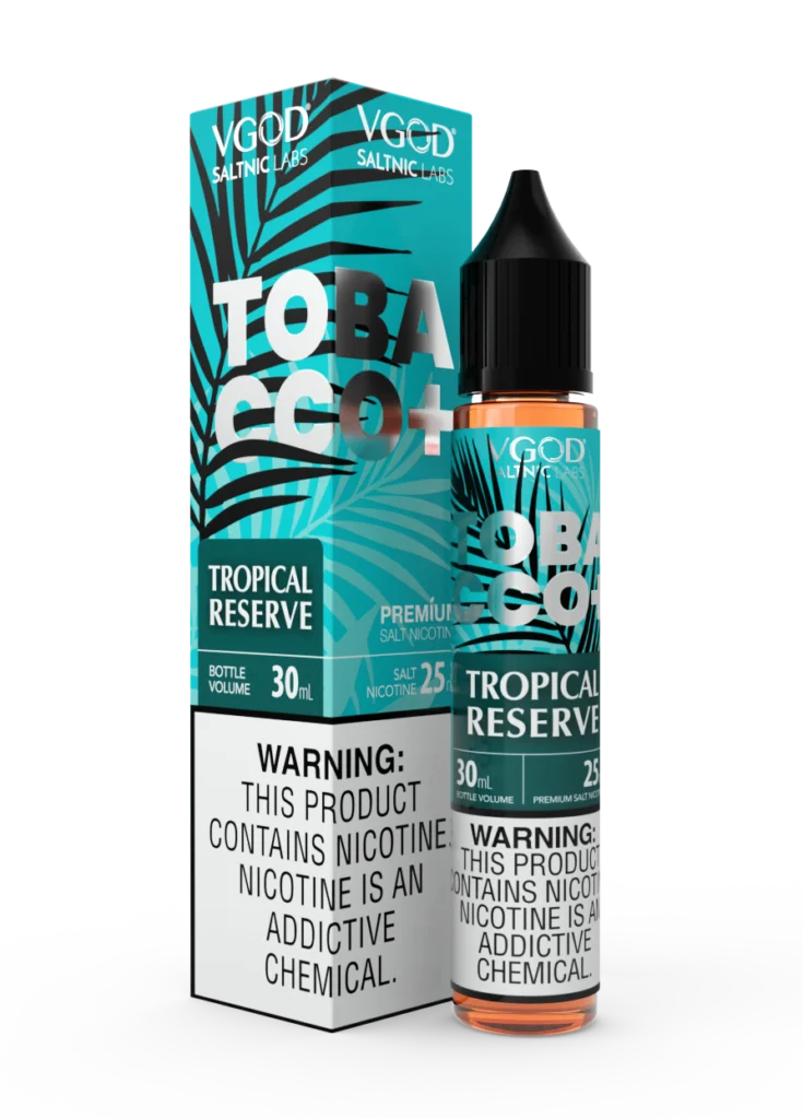 VGOD Tobacco Plus Tropical Reserve SaltNic 30ml bottle, available in 20mg, 25mg, and 50mg nicotine strengths.